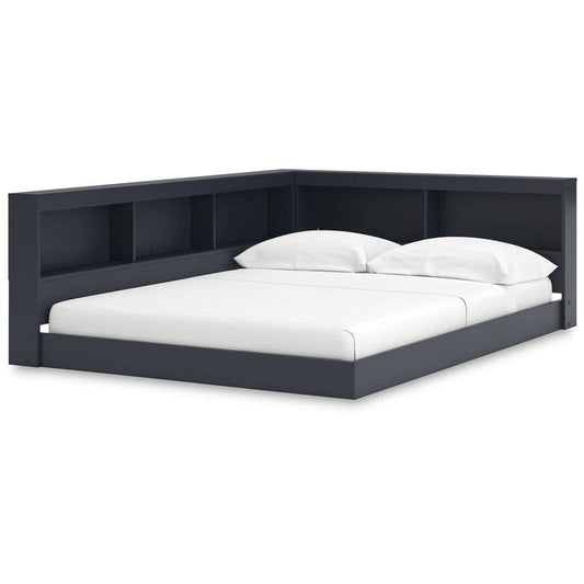 Twin size Blue Wooden Corner Storage Bed with Bookcase Headboard and USB Ports in a modern bedroom setting