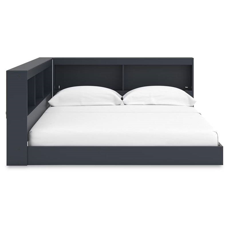 Twin size Blue Wooden Corner Storage Bed with Bookcase Headboard and USB Ports, shown with mattress and pillows. Ideal for space-saving.