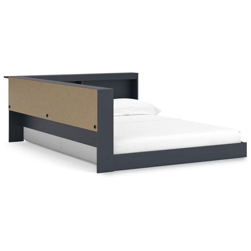 Twin size Blue Wooden Corner Storage Bed with Bookcase Headboard and USB Ports featuring solid wood construction.