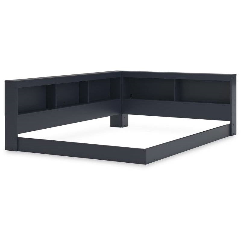 Twin size Blue Wooden Corner Storage Bed with Bookcase Headboard and USB Ports, featuring integrated shelves and space-saving design.