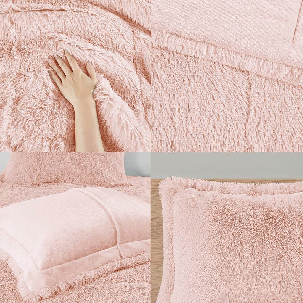 Twin/Twin XL Pink Blush Soft Sherpa Faux Fur 2-Piece Comforter Set with fluffy texture and soft plush reverse