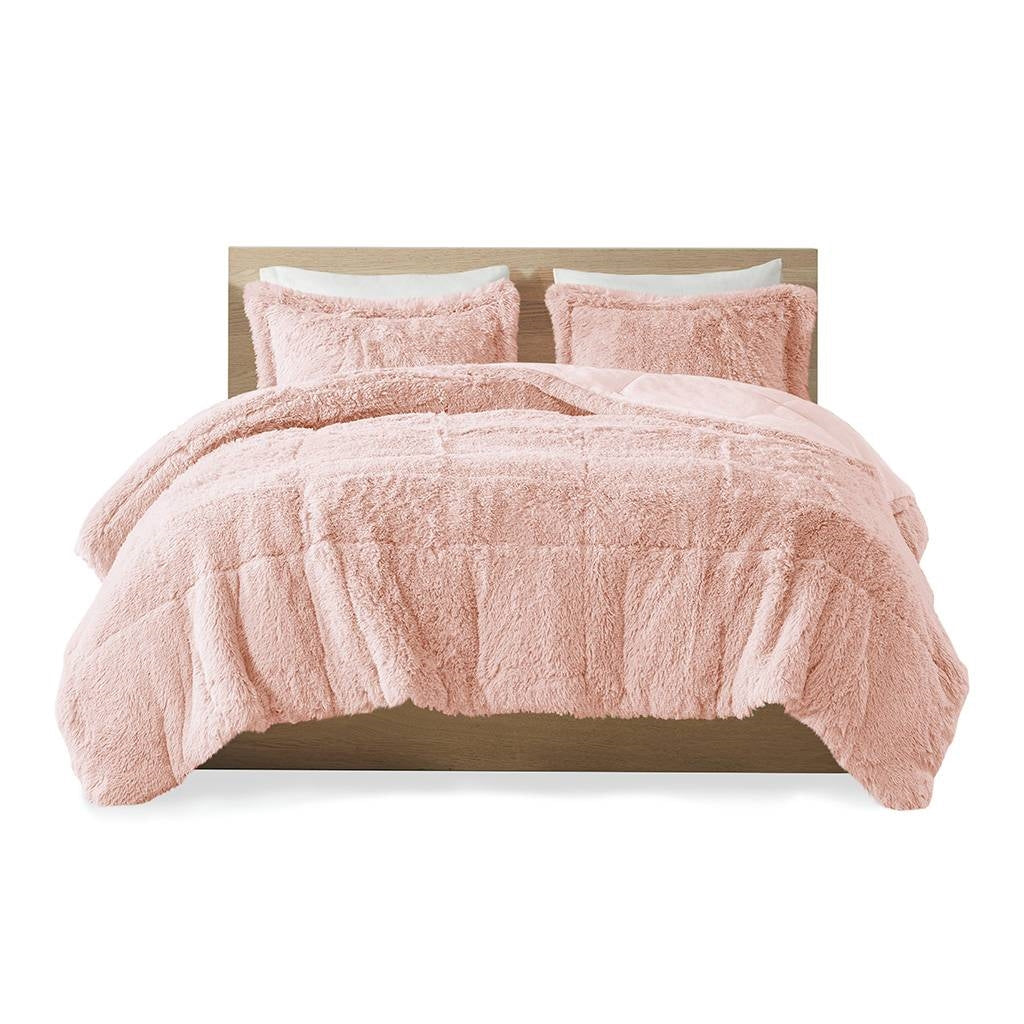 Twin/Twin XL Pink Blush Soft Sherpa Faux Fur 2-Piece Comforter Set on bed, featuring soft shaggy texture and modern look