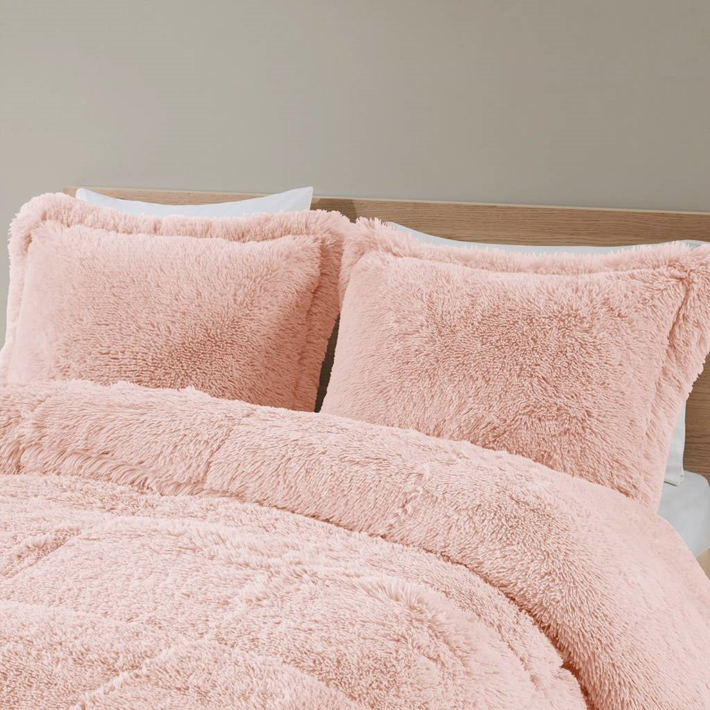 Twin/Twin XL Pink Blush Soft Sherpa Faux Fur 2-Piece Comforter Set on bed