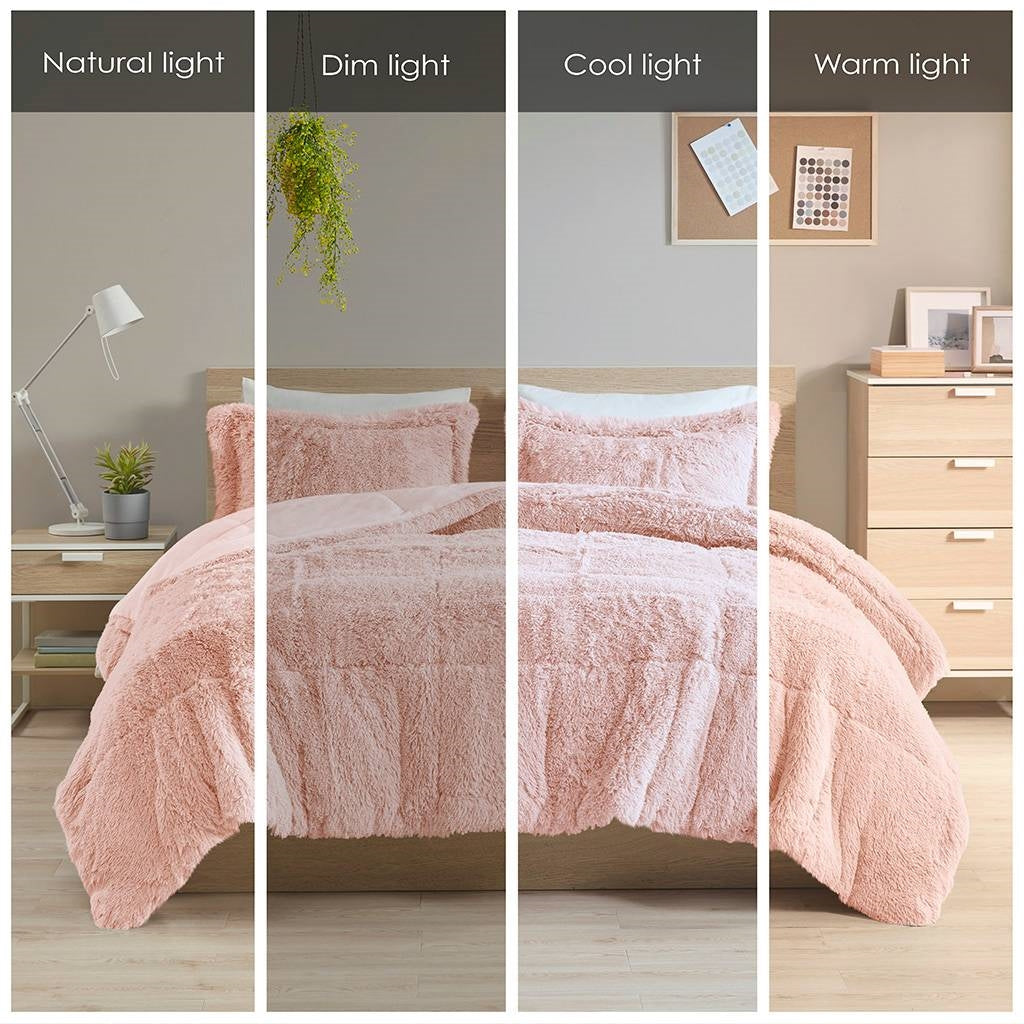 Twin/Twin XL Pink Blush Soft Sherpa Faux Fur 2-Piece Comforter Set in different lighting conditions, featuring fluffy textured bedding.