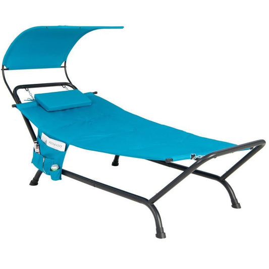 Blue Polyester Chaise Lounge Chair Hammock with Canopy and Storage Bag for outdoor relaxation