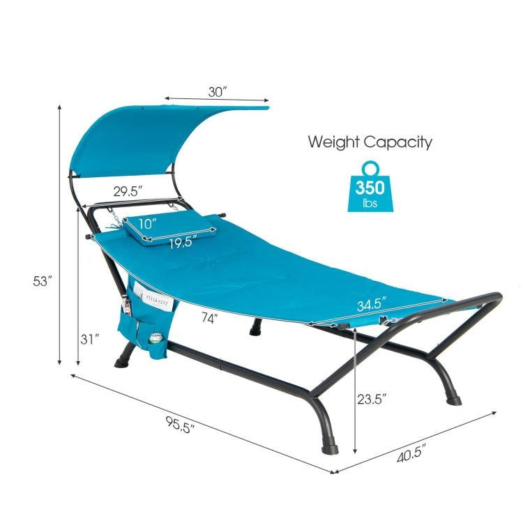 Blue Polyester Chaise Lounge Chair Hammock with Canopy and Storage Bag, showing dimensions and weight capacity of 350 lbs.