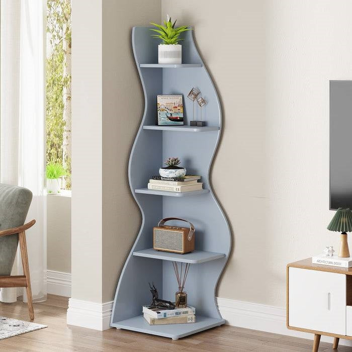 Modern Whimsical 5 Shelf Corner Bookcase Stand Blue Wood Finish in a living room setting