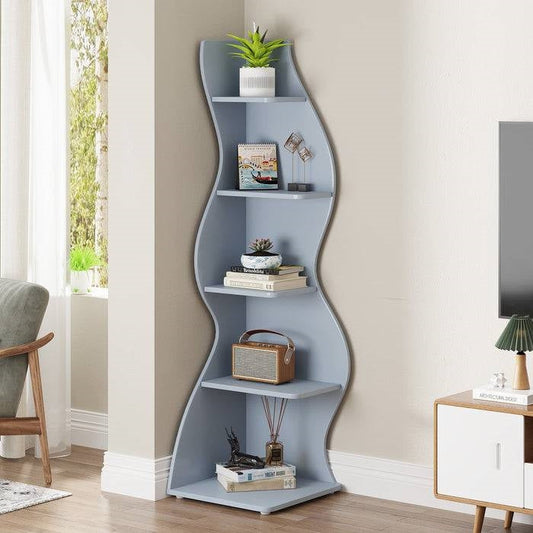 Modern Whimsical 5 Shelf Corner Bookcase Stand Blue Wood Finish in a living room setting