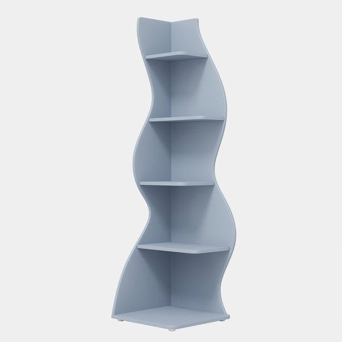 Modern Whimsical 5 Shelf Corner Bookcase Stand Blue Wood Finish in sleek sea grass-inspired design, perfect for stylish home storage.