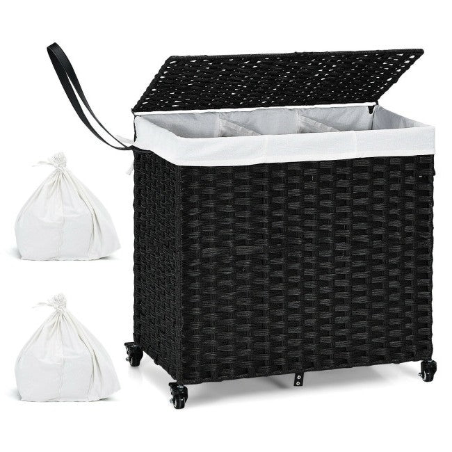 Black 3 Bin Linen Lined on Wheels PR Rattan Laundry Hamper with lid open and two white bags beside it.