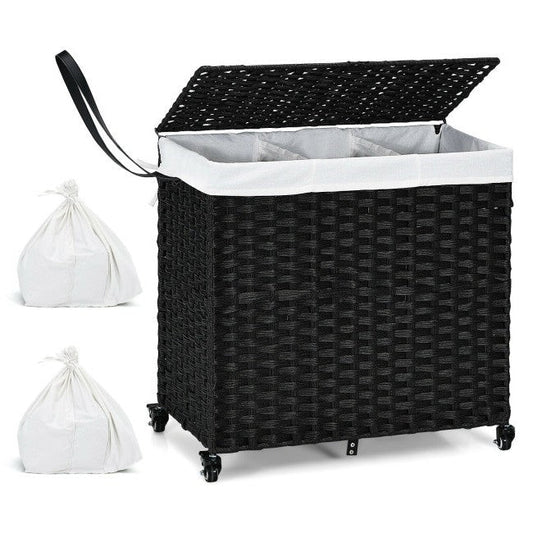 Black 3 Bin Linen Lined on Wheels PR Rattan Laundry Hamper with lid open and two white bags beside it.