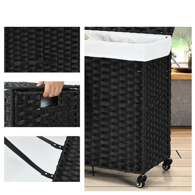 Black 3 Bin Linen Lined on Wheels PR Rattan Laundry Hamper with waterproof PE rattan and steel frame, showcasing design and features.