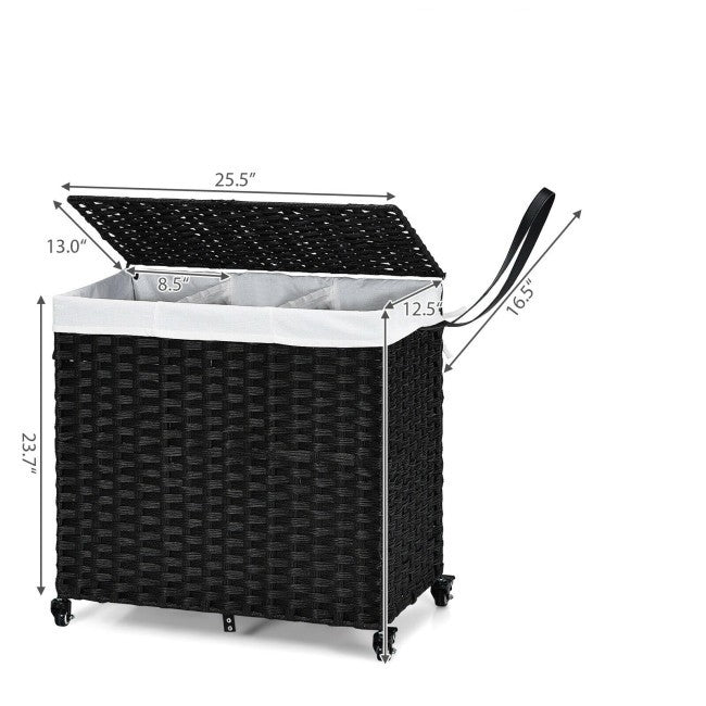 Black 3 Bin Linen Lined on Wheels PR Rattan Laundry Hamper with open lid showing dimensions