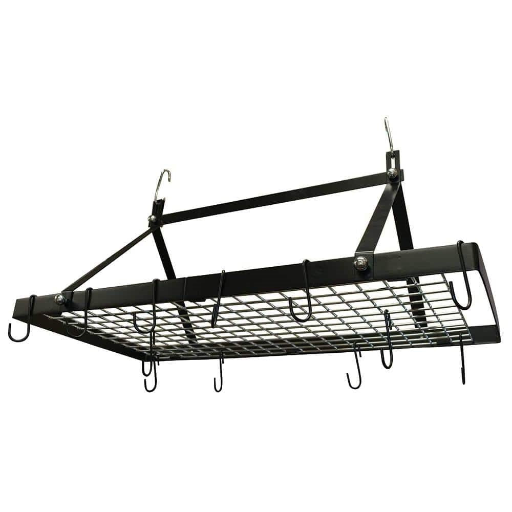 Black Metal Rectangular Pot Rack with 12 Hanging Hooks - Holds up to 40 lbs. displayed against a white background