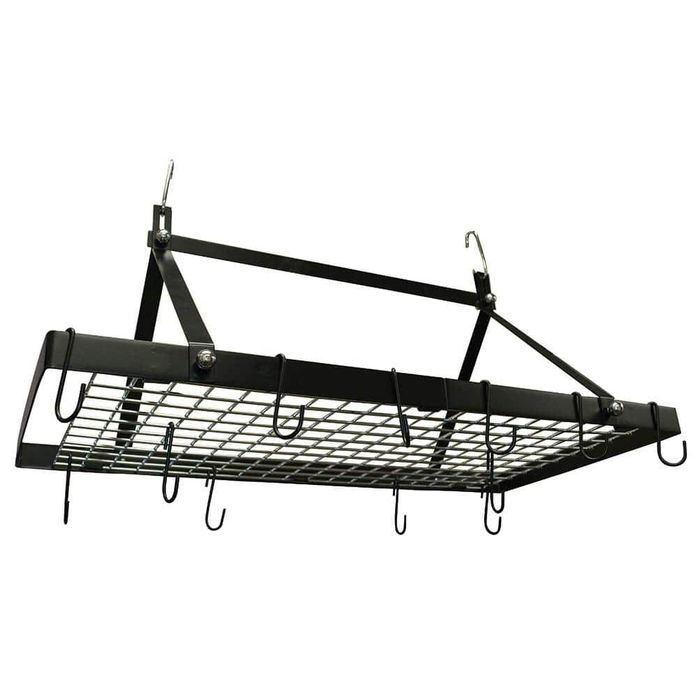 Black Metal Rectangular Pot Rack with 12 Hanging Hooks - Holds up to 40 lbs, ideal for organized kitchen storage and easy pot access.