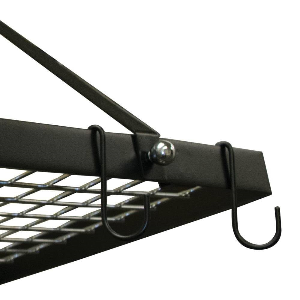 Close-up of Black Metal Rectangular Pot Rack with 12 Hanging Hooks - Holds up to 40 lbs., ideal for kitchen organization.