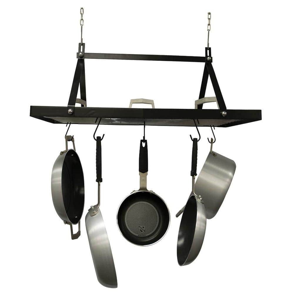 Black Metal Rectangular Pot Rack with 12 Hanging Hooks - Holds up to 40 lbs. showcasing cookware organization in kitchen