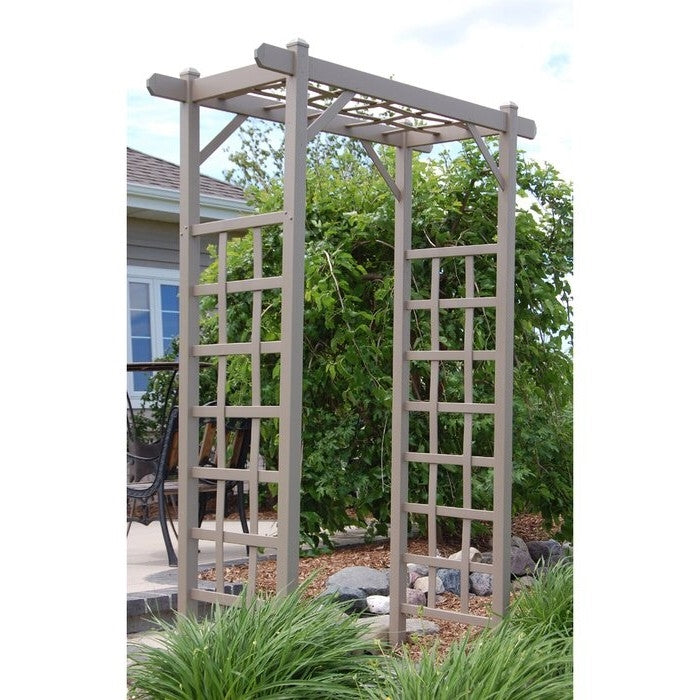Vinyl Arbor Tan Mocha 85 Inches Tall Made In USA in a garden setting