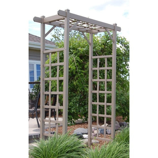 Vinyl Arbor Tan Mocha 85 Inches Tall Made In USA in a garden setting