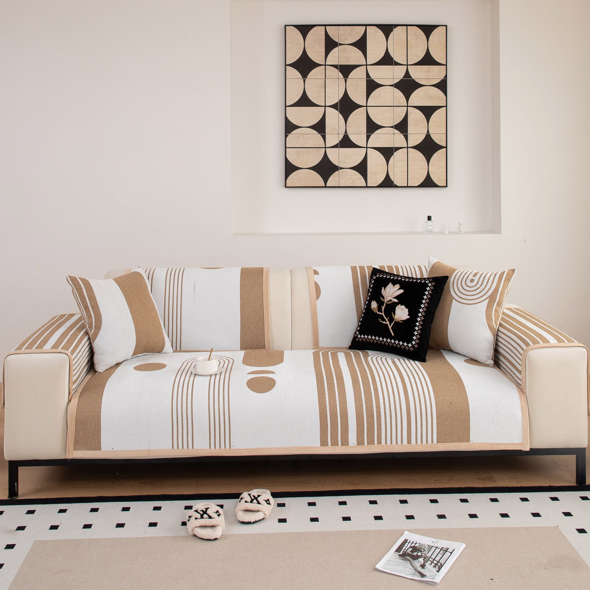 Modern Geometric Sofa Cover - Thick Woven, Pet Friendly, Stylish Couch Protector in neutral tones with bold patterns on a sofa.
