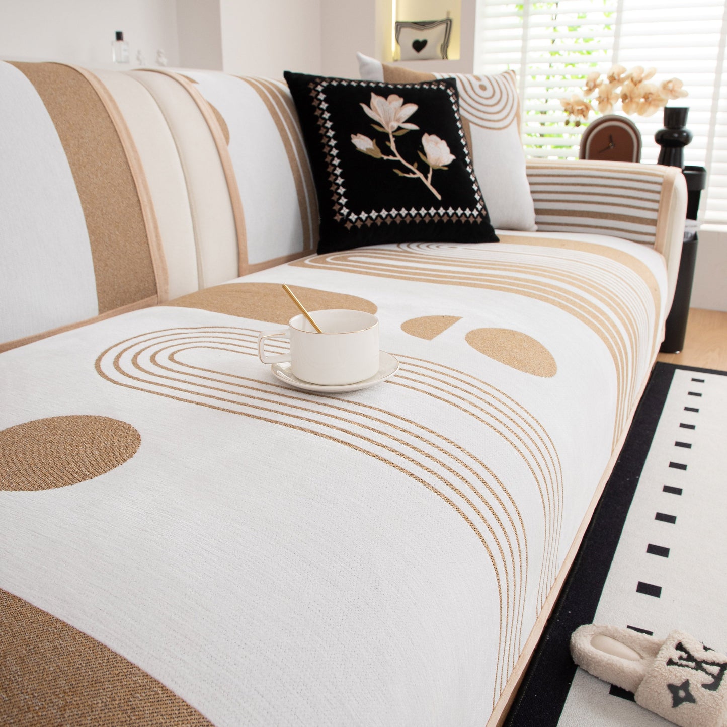 Modern Geometric Sofa Cover - Thick Woven, Pet Friendly, Stylish Couch Protector with bold curves and anti-slip backing.