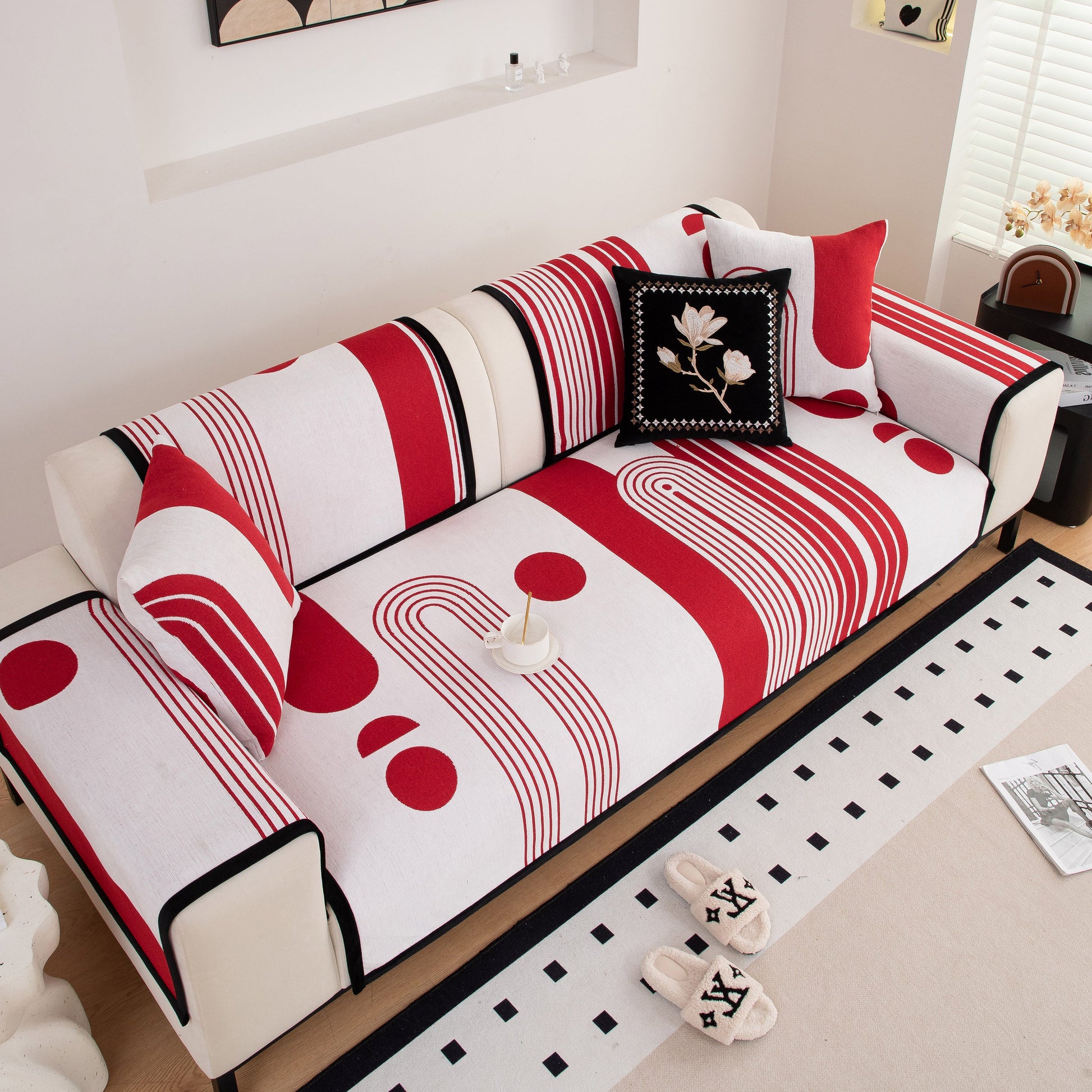 Modern Geometric Sofa Cover - Thick Woven, Pet Friendly, Stylish Couch Protector with bold red and white patterns, anti-slip backing.