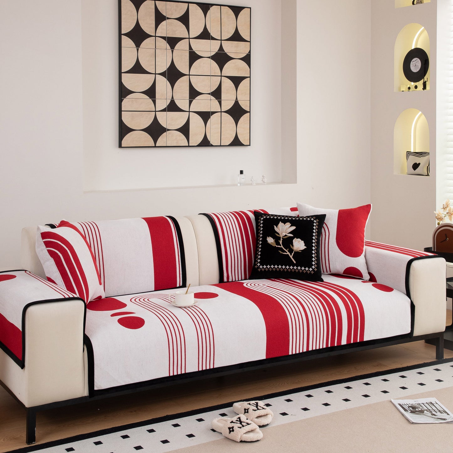 Modern Geometric Sofa Cover - Thick Woven, Pet Friendly, Stylish Couch Protector in a contemporary living room setting.