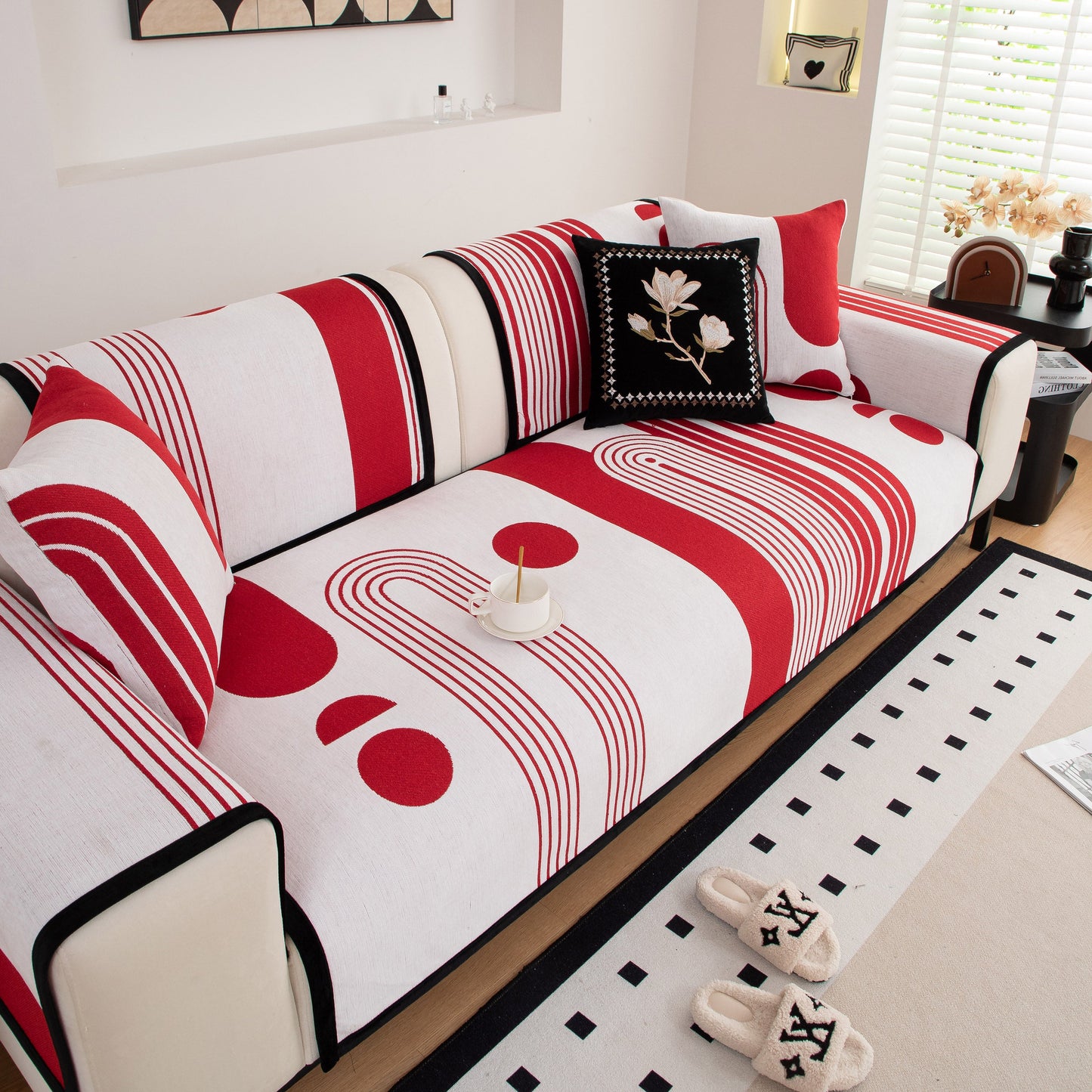 Modern Geometric Sofa Cover - Thick Woven, Pet Friendly, Stylish Couch Protector with bold curves and circular patterns