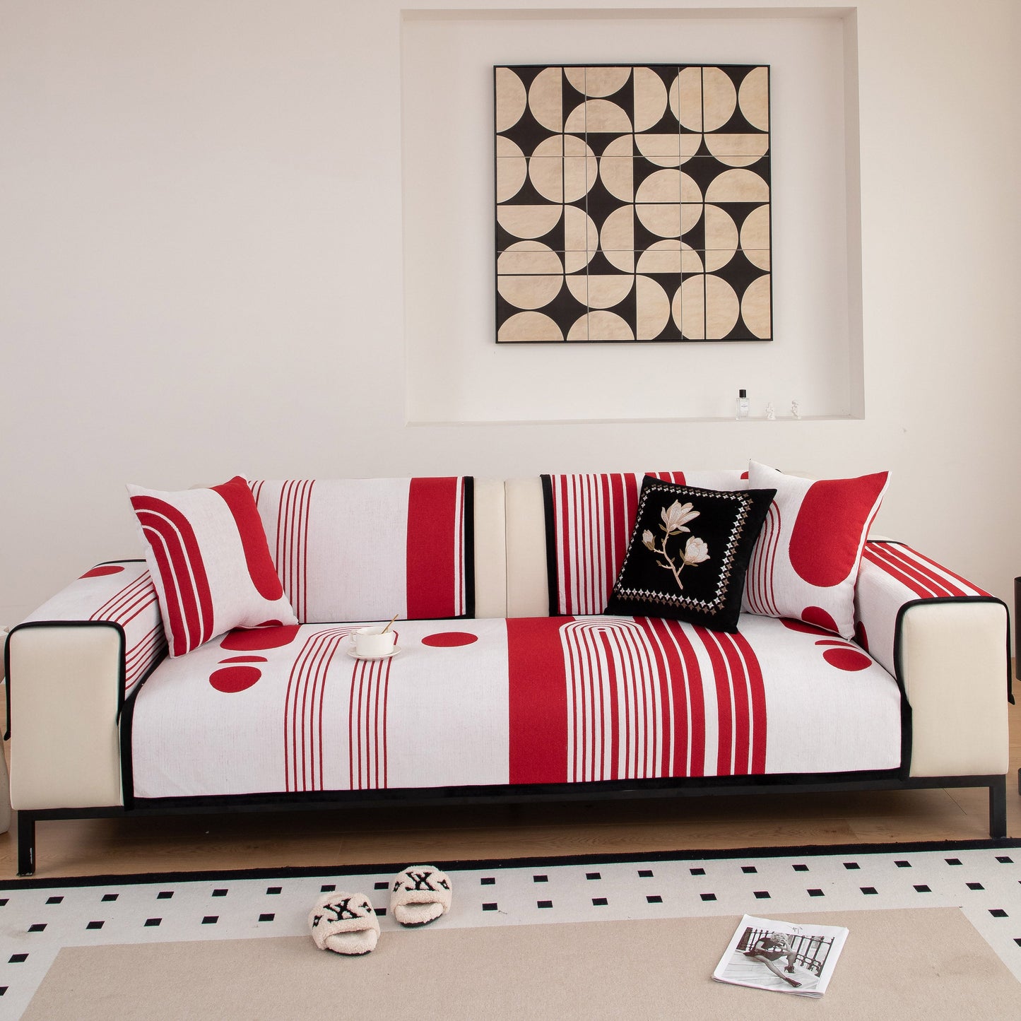 Modern Geometric Sofa Cover - Thick Woven, Pet Friendly, Stylish Couch Protector in a living room with bold patterns and red accents.
