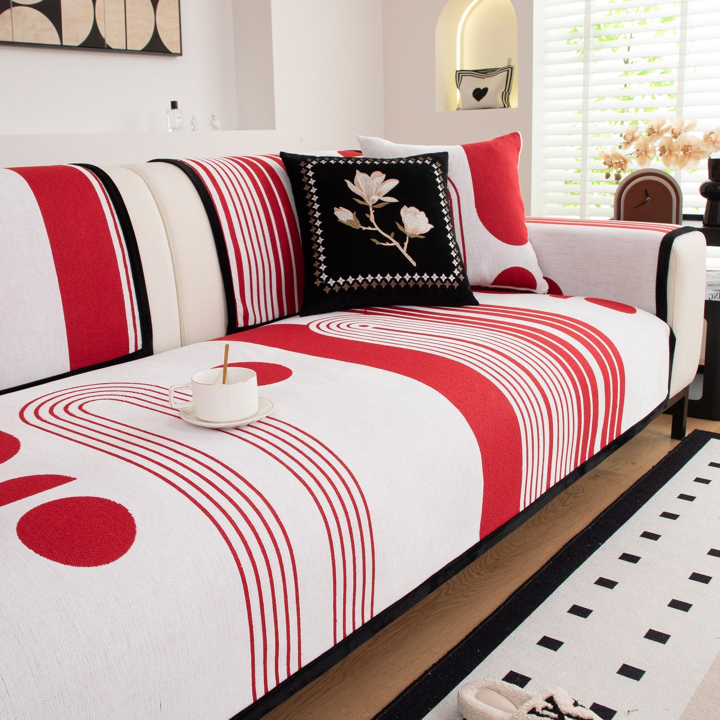 Modern Geometric Sofa Cover - Thick Woven, Pet Friendly, Stylish Couch Protector with red and white patterns on sofa.