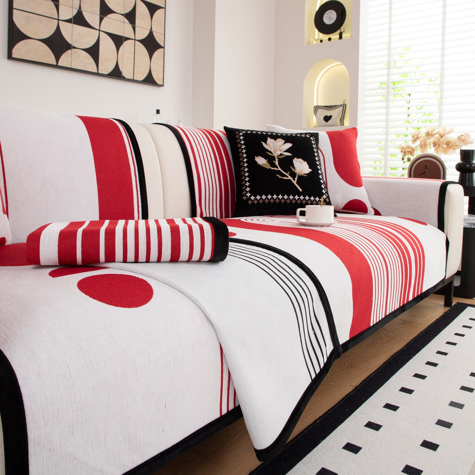 Modern Geometric Sofa Cover - Thick Woven, Pet Friendly, Stylish Couch Protector with red and black patterns on white fabric.