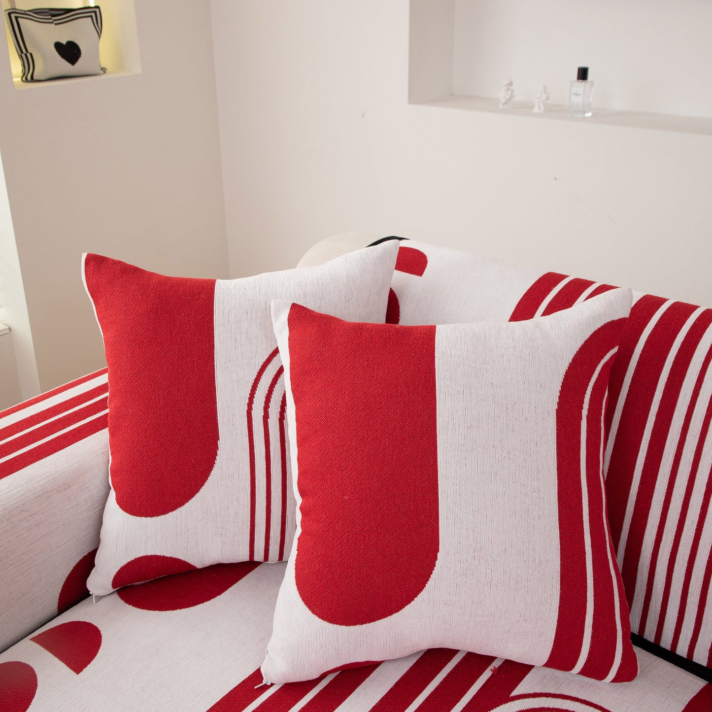 Modern Geometric Sofa Cover - Thick Woven, Pet Friendly, Stylish Couch Protector with bold red and white curves.