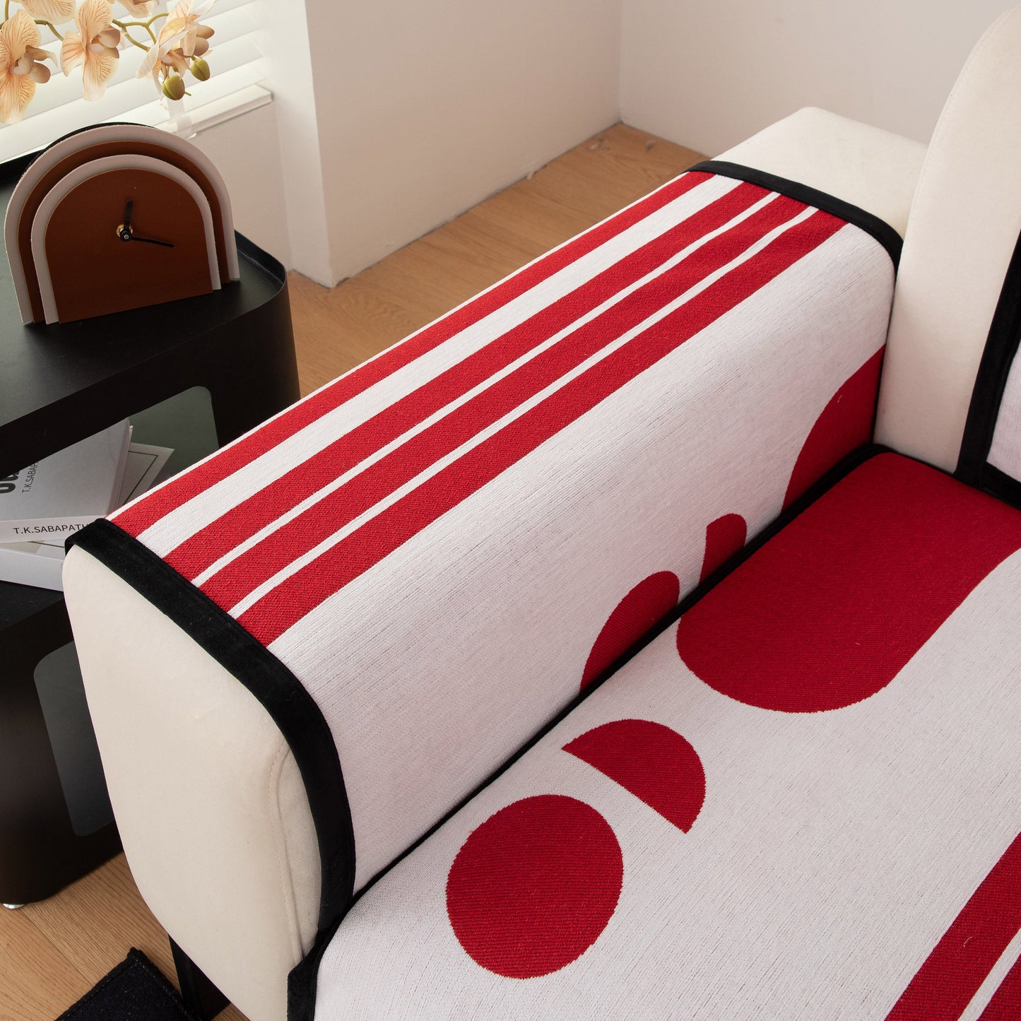 Modern Geometric Sofa Cover - Thick Woven, Pet Friendly, Stylish Couch Protector with red and white geometric design