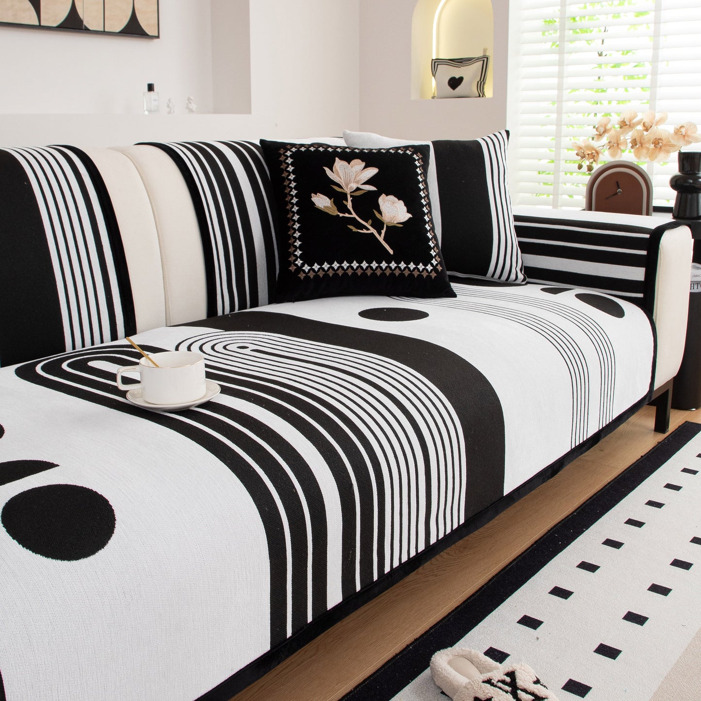 Modern Geometric Sofa Cover - Thick Woven, Pet Friendly, Stylish Couch Protector with bold curves and circular patterns.
