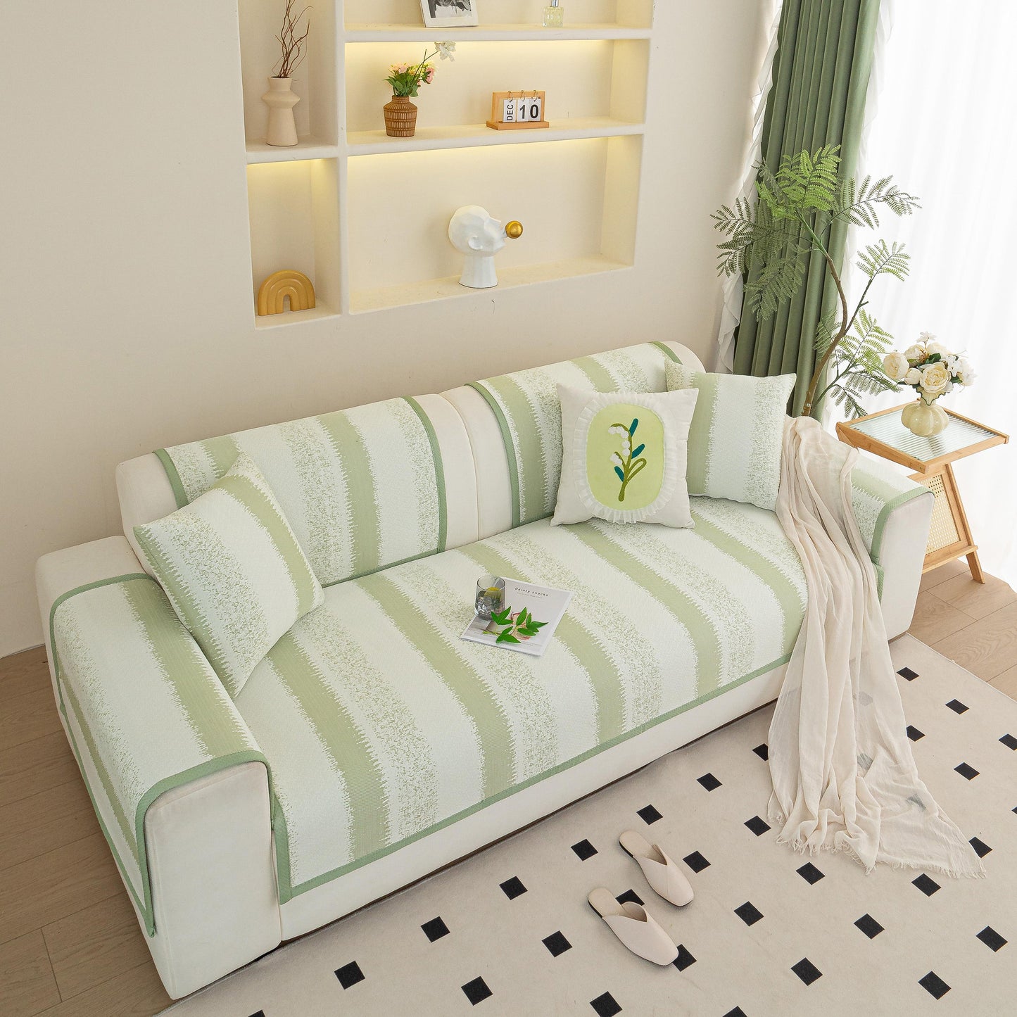 Striped Non-Slip Cooling Couch Cover, Summer Couch Pads for Seat Back Armrest on a modern sofa in living room decor