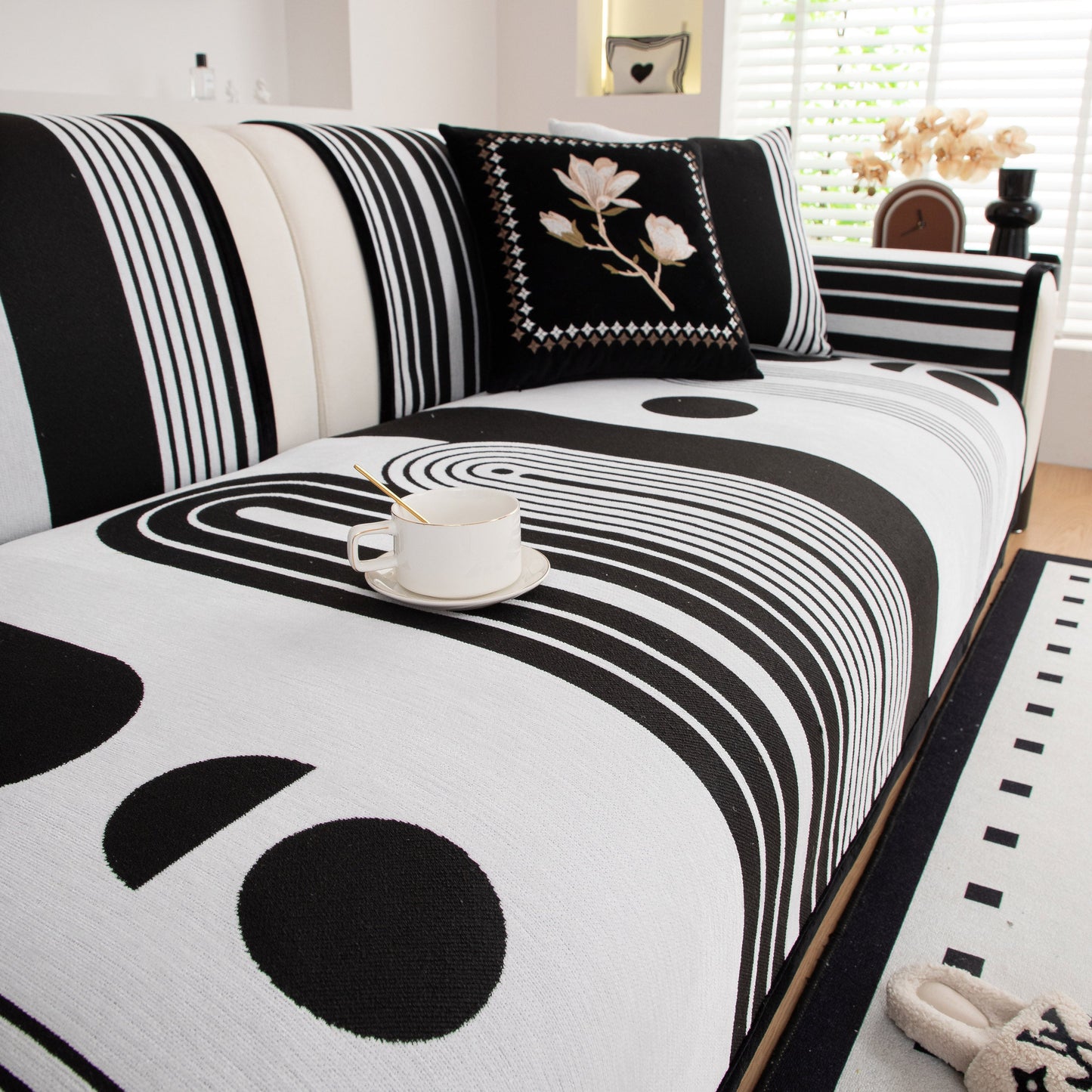 Modern Geometric Sofa Cover - Thick Woven, Pet Friendly, Stylish Couch Protector with bold black and white patterns.