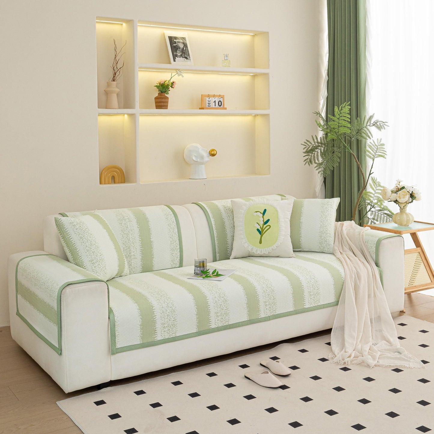 Striped Non-Slip Cooling Couch Cover with summer couch pads for seat, back, and armrest on a stylish living room sofa.