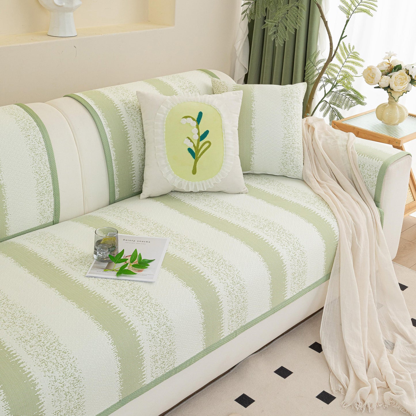 Striped Non-Slip Cooling Couch Cover, Summer Couch Pads for Seat Back Armrest displayed on a stylish sofa with decorative pillows
