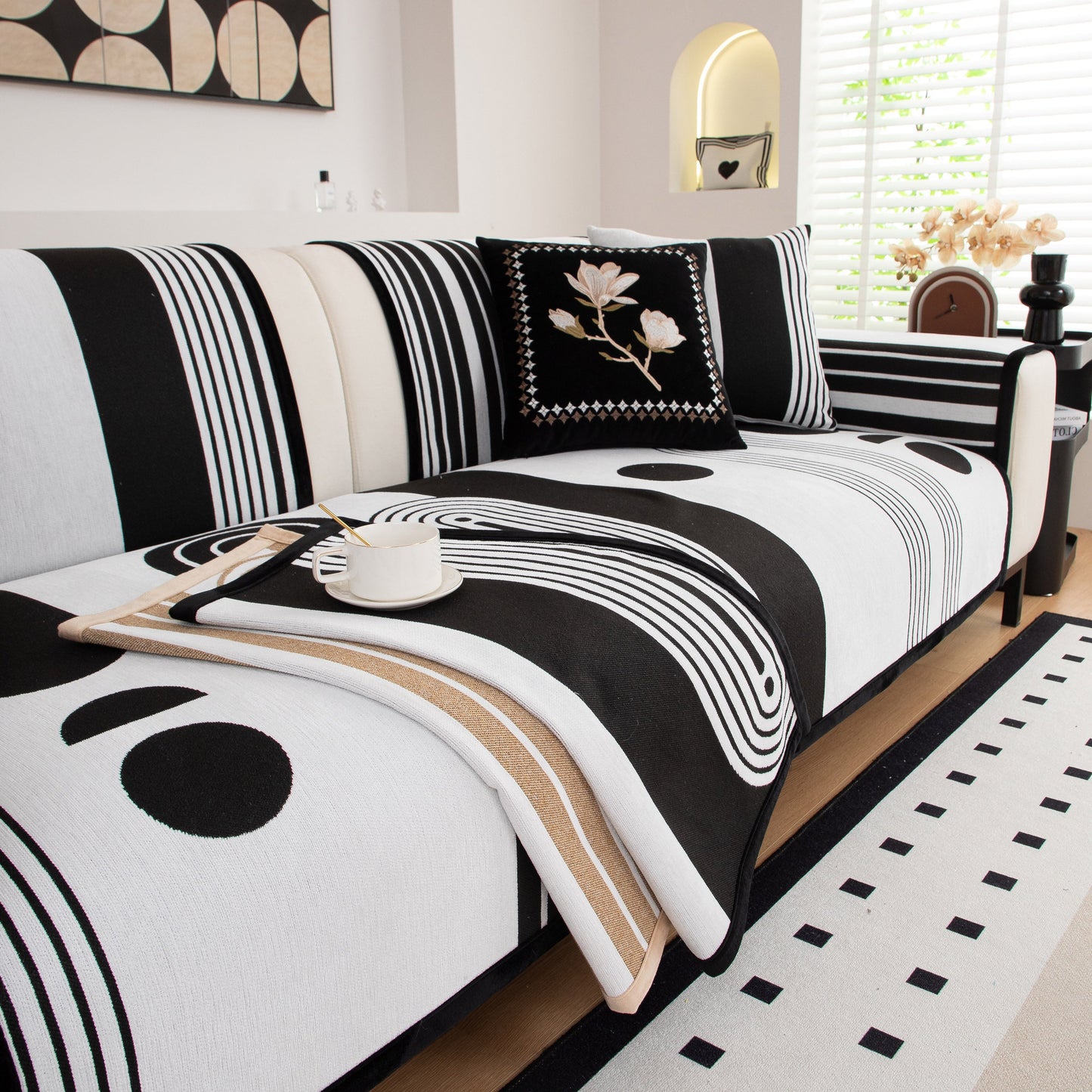 Modern Geometric Sofa Cover - Thick Woven, Pet Friendly, Stylish Couch Protector in black and white modern living room.