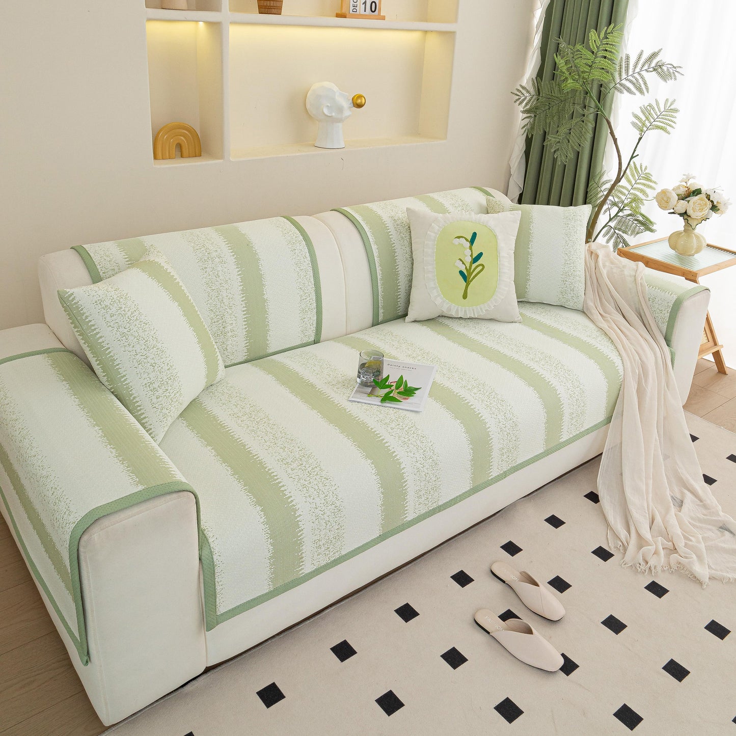 Striped Non-Slip Cooling Couch Cover, Summer Couch Pads for Seat Back Armrest in living room setting