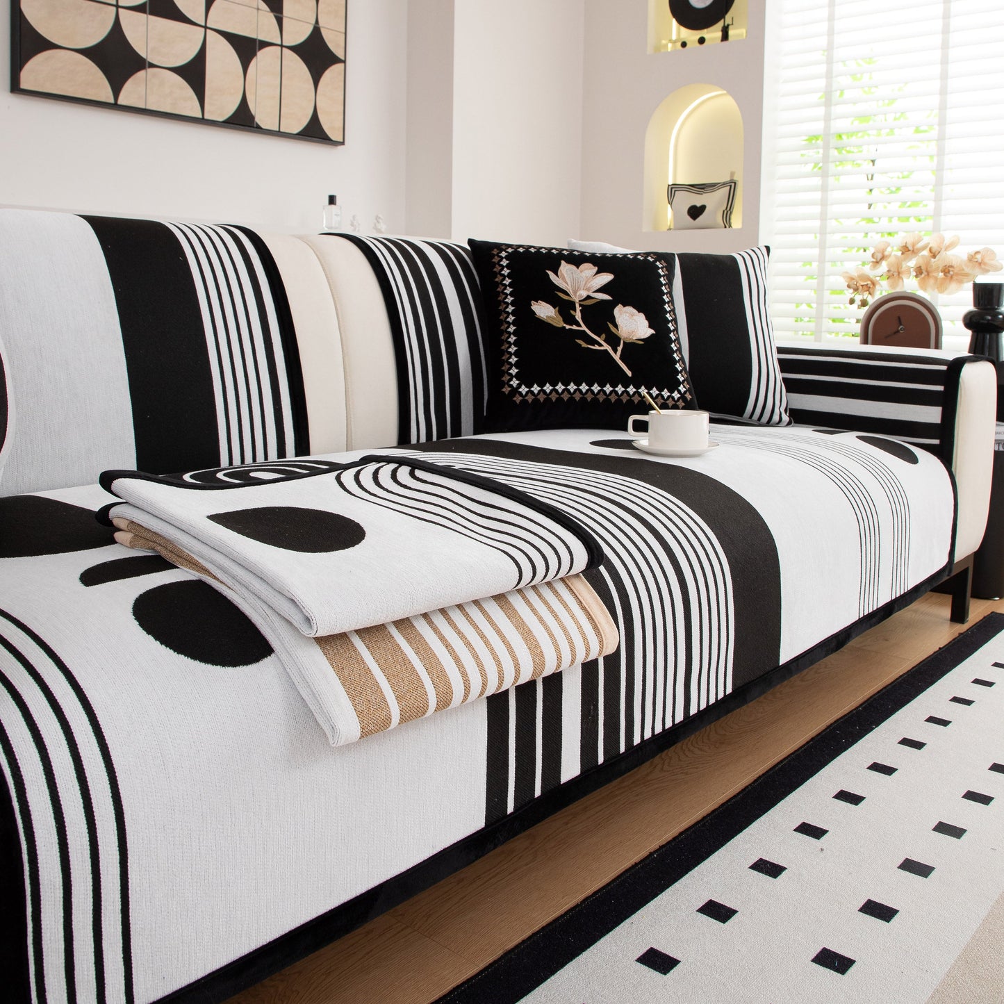Modern Geometric Sofa Cover - Thick Woven, Pet Friendly, Stylish Couch Protector with bold curves and circular patterns.