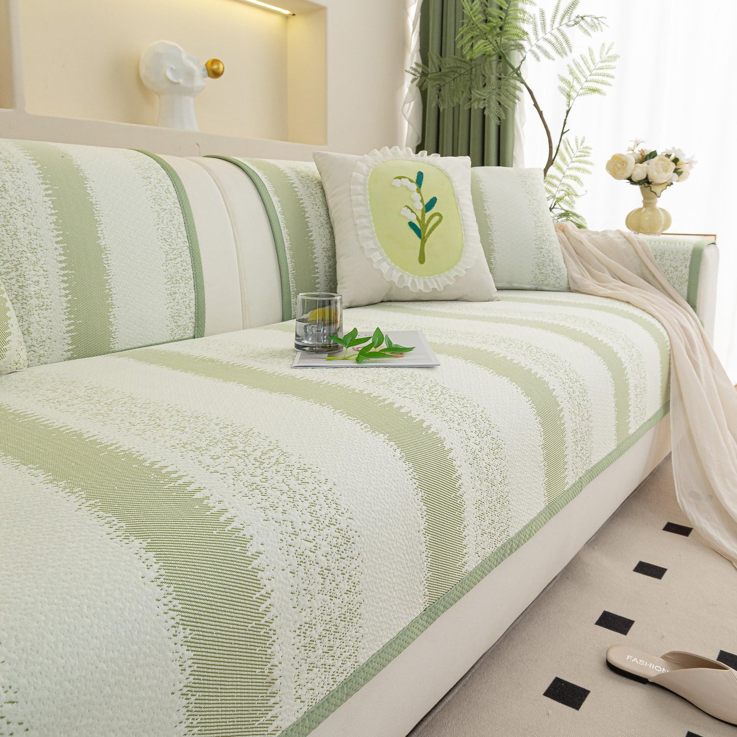 Striped Non-Slip Cooling Couch Cover, Summer Couch Pads for Seat Back Armrest in green and white on sofa