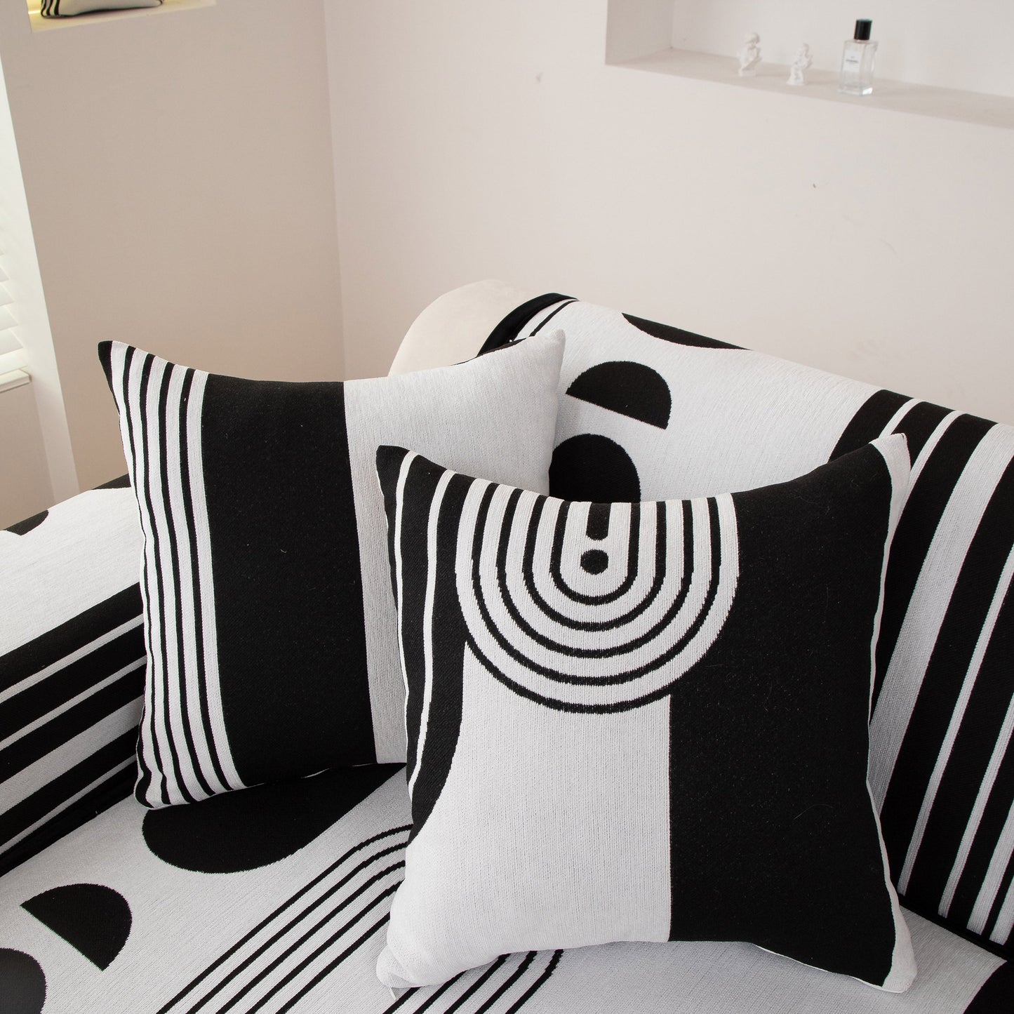 Modern Geometric Sofa Cover - Thick Woven, Pet Friendly, Stylish Couch Protector with bold black and white patterns.
