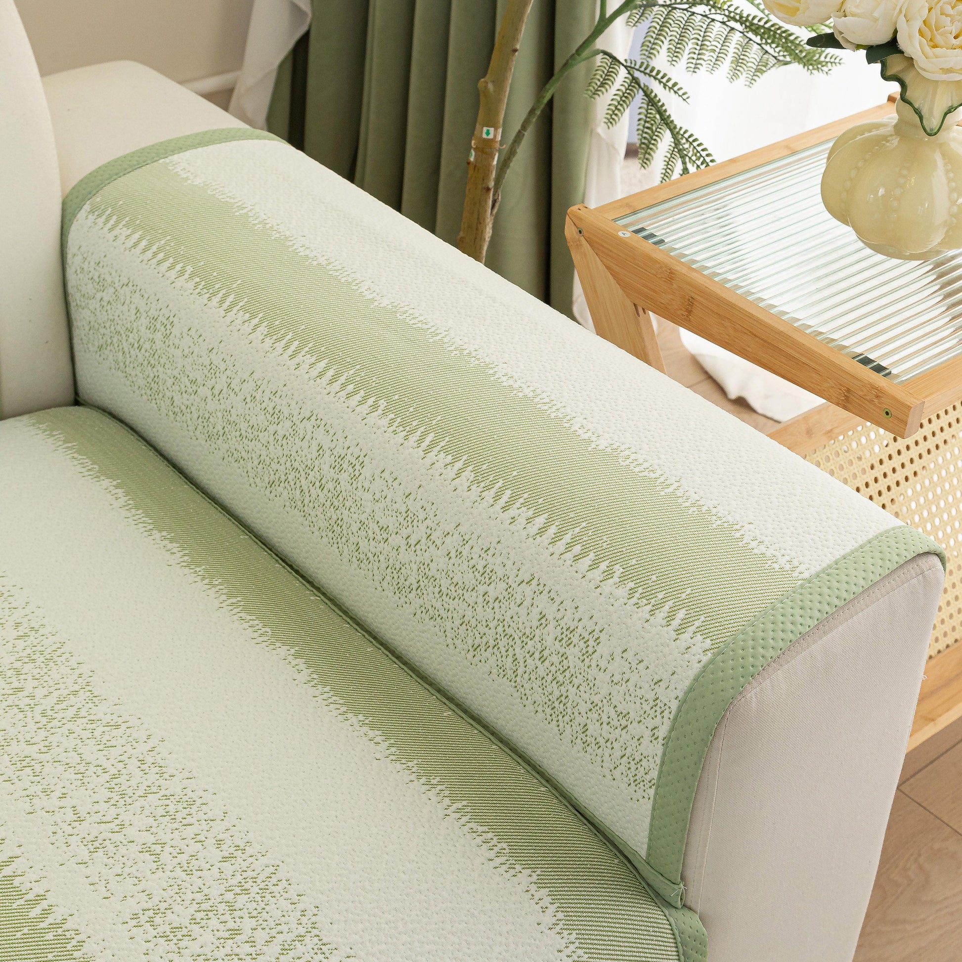Striped Non-Slip Cooling Couch Cover, Summer Couch Pads for Seat Back Armrest on a sofa in a living room setting