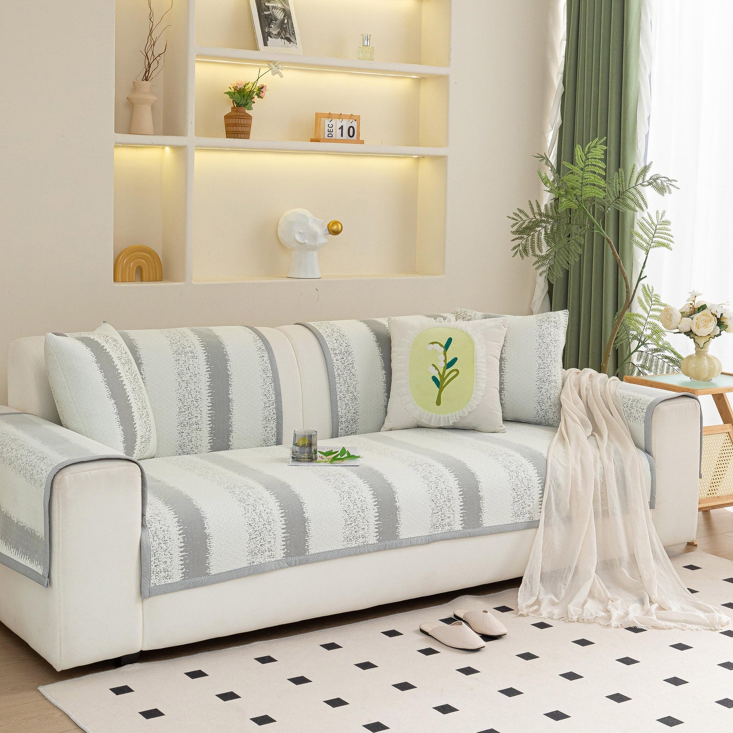 Striped Non-Slip Cooling Couch Cover, Summer Couch Pads for Seat Back Armrest on modern living room sofa