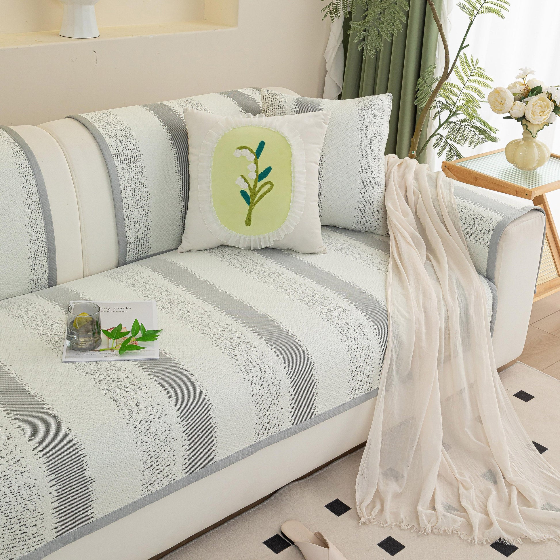 Striped Non-Slip Cooling Couch Cover, Summer Couch Pads for Seat Back Armrest on living room sofa