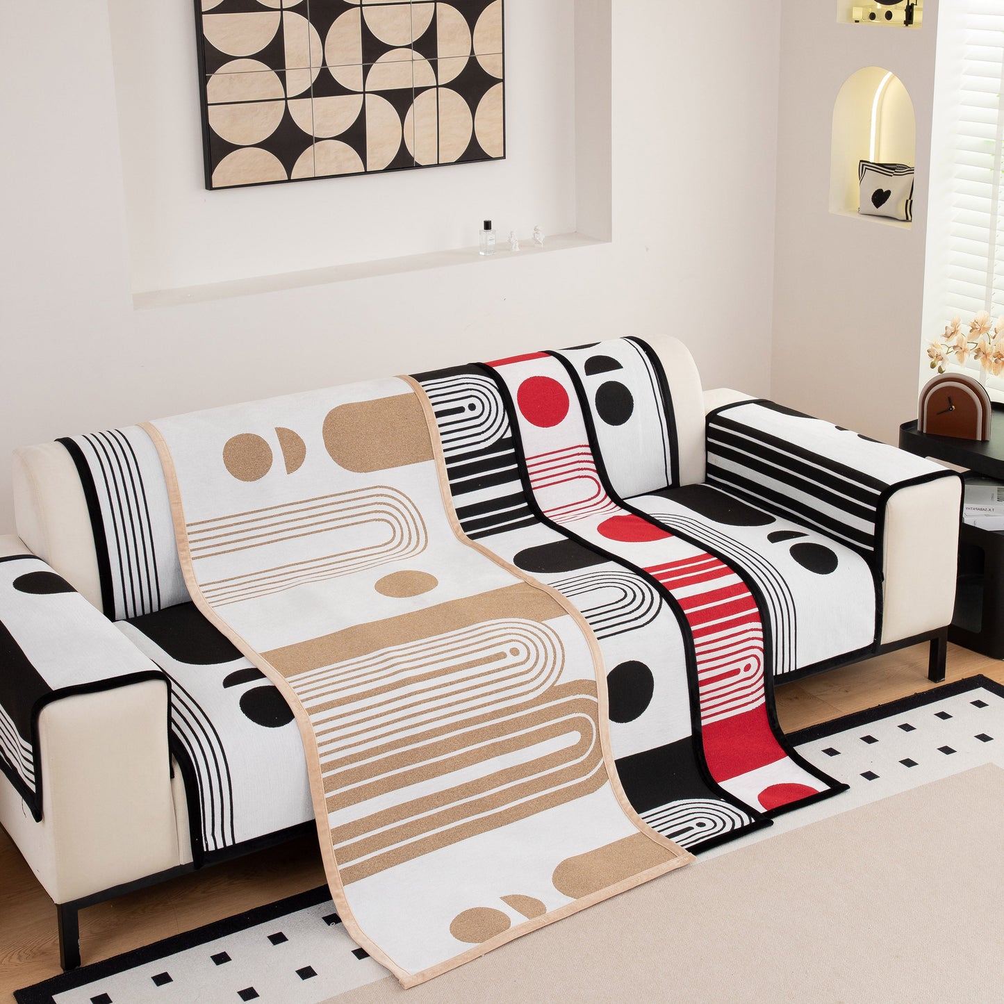 Modern Geometric Sofa Cover - Thick Woven, Pet Friendly, Stylish Couch Protector on a white sofa with bold patterns.