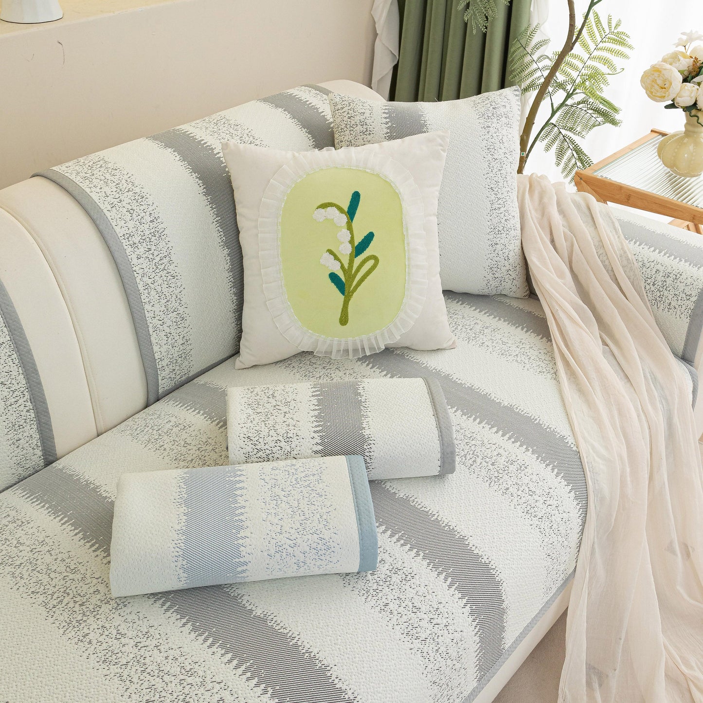 Striped Non-Slip Cooling Couch Cover, Summer Couch Pads for Seat Back Armrest displayed on a modern sofa.