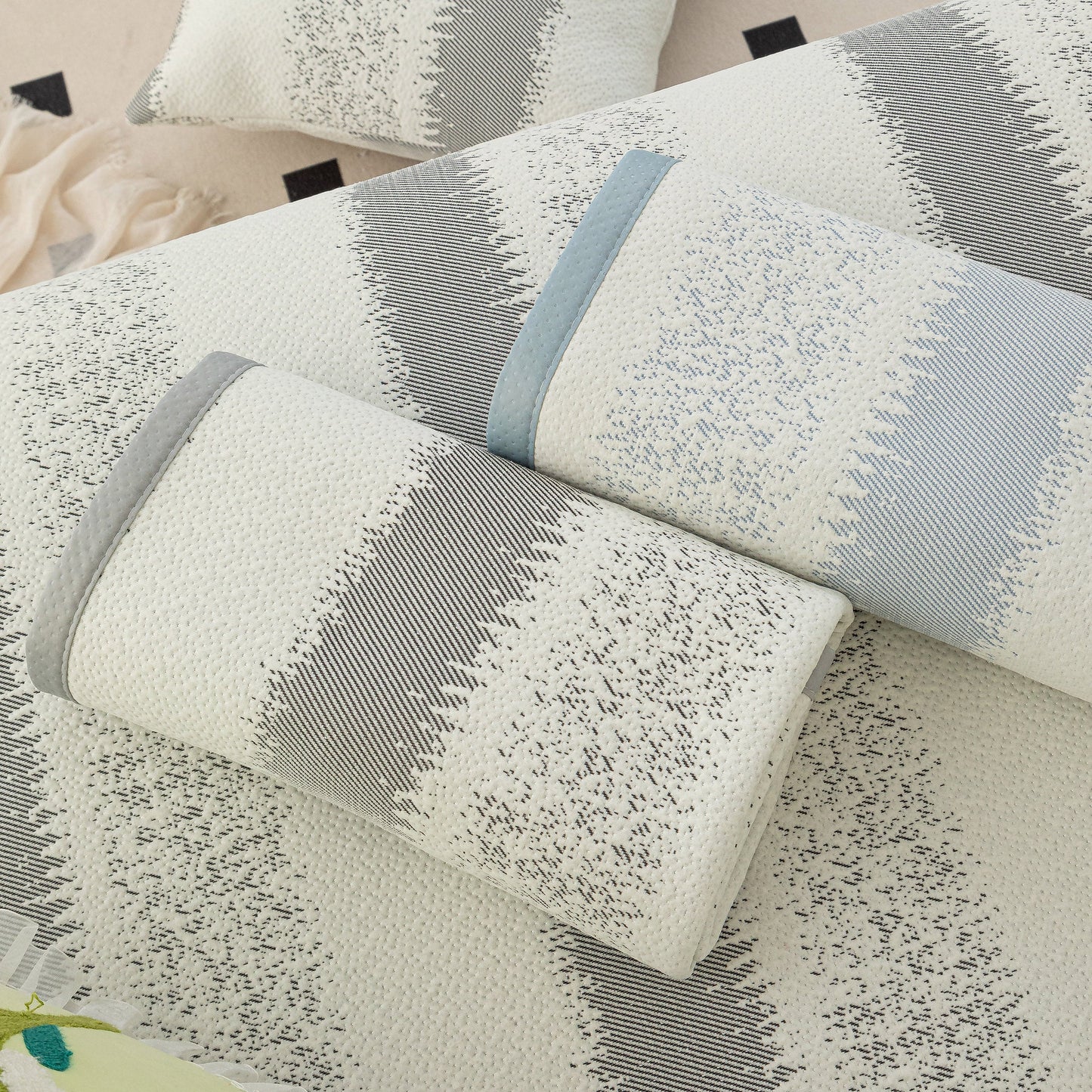 Striped Non-Slip Cooling Couch Cover, Summer Couch Pads for Seat Back Armrest displayed in a modern living room setting.