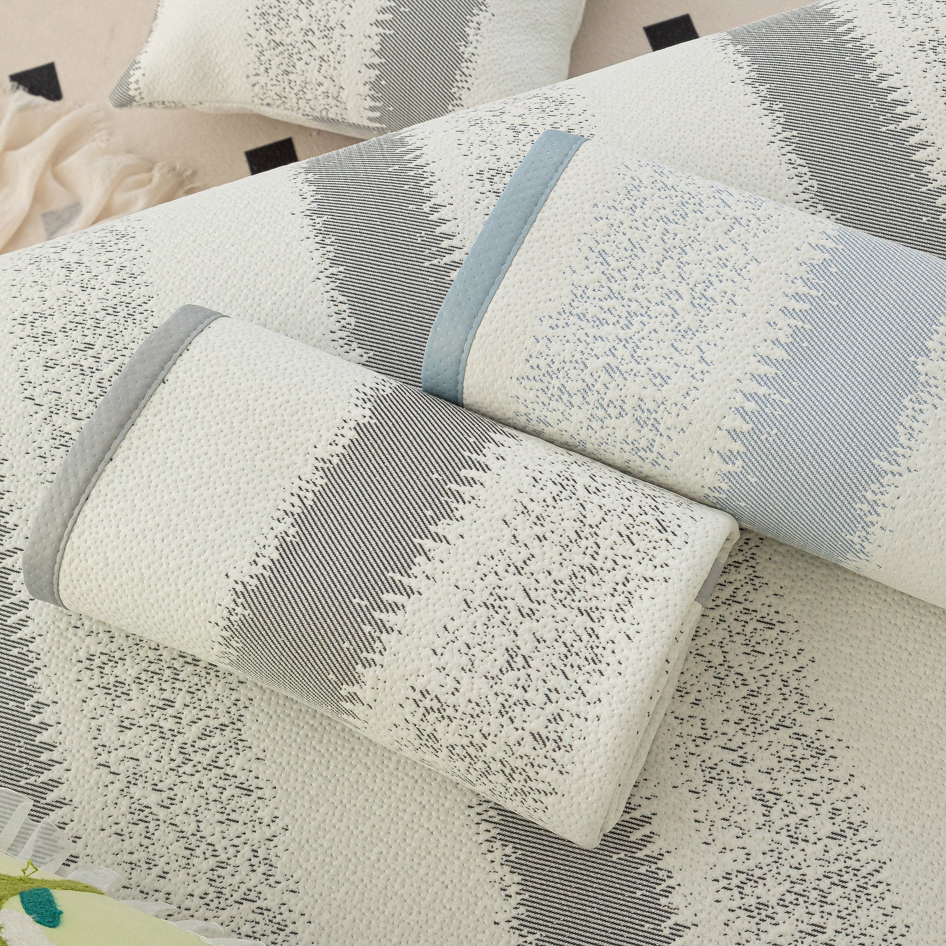 Striped Non-Slip Cooling Couch Cover, Summer Couch Pads for Seat Back Armrest displayed in a modern living room setting.